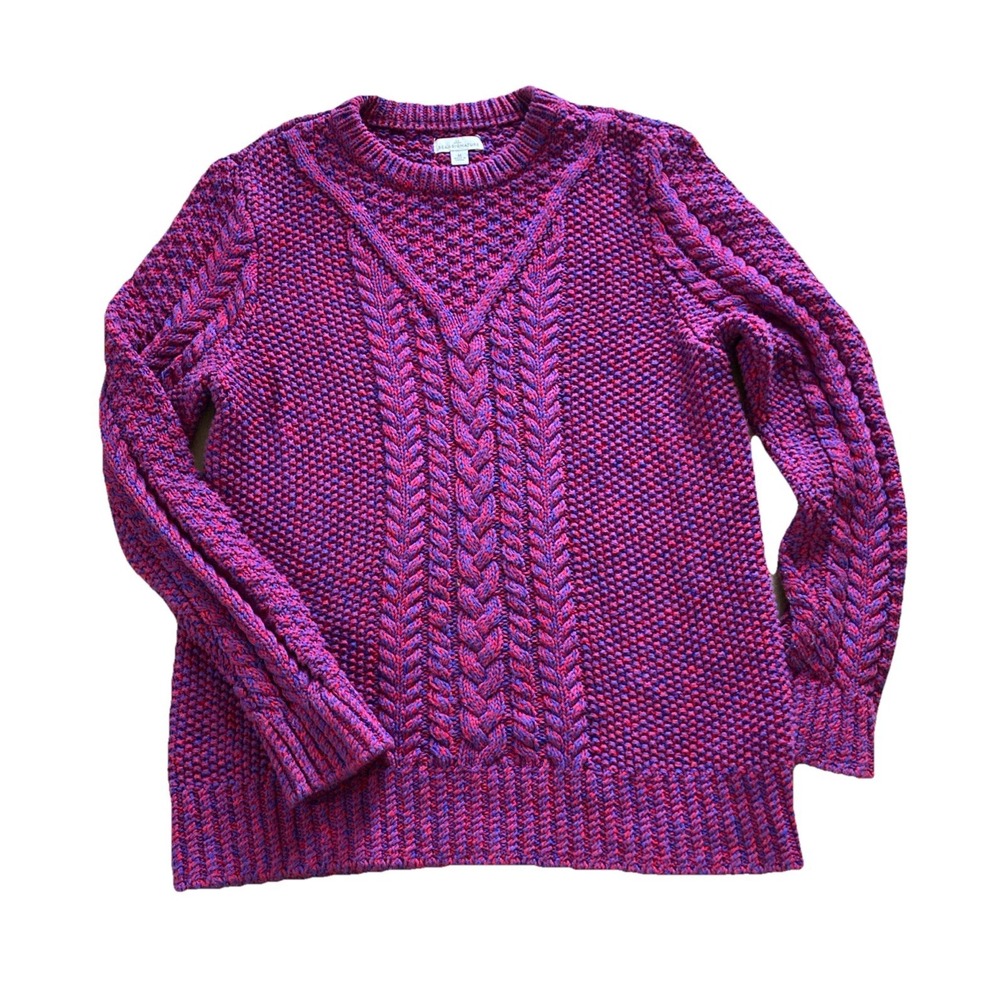 LL Bean Signature Fisherman Cable Knit Sweater Women's Sz M Purple Cotton